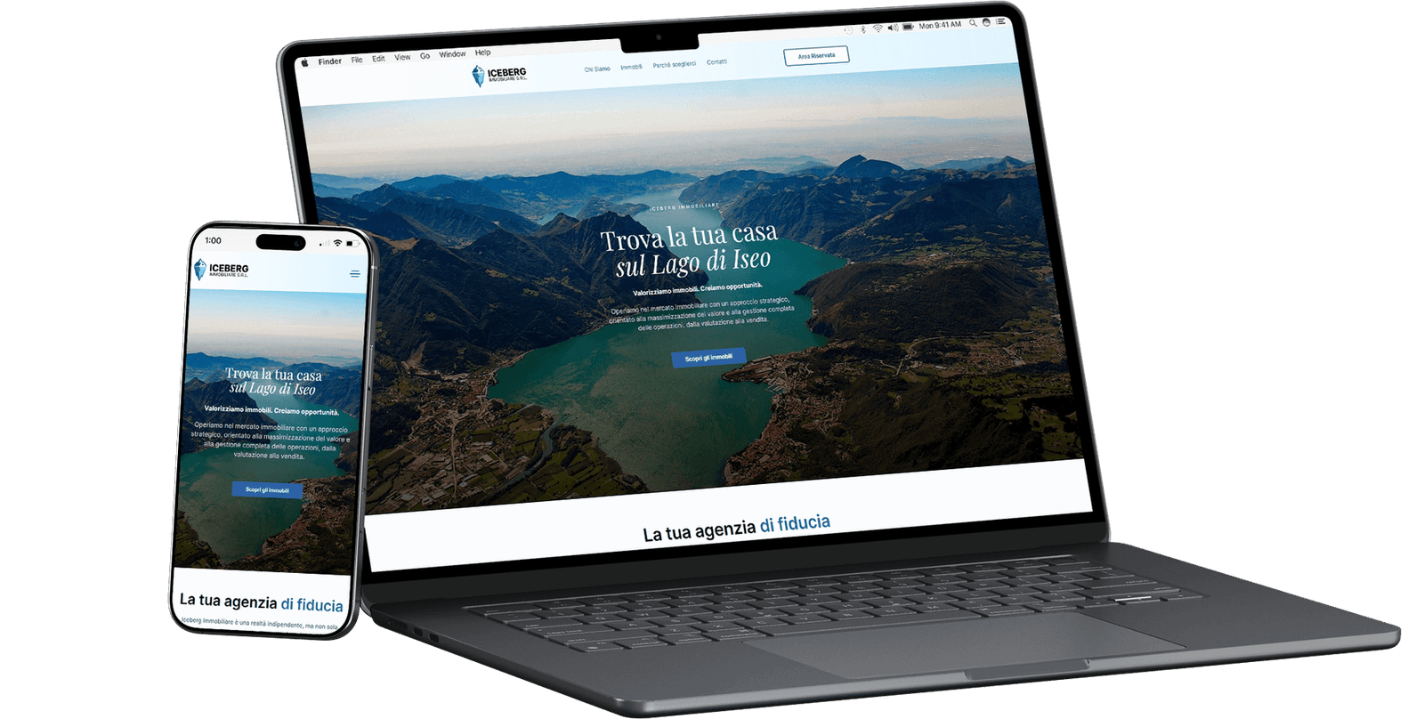 Mockup desktop e smartphone del sito web realizzato per Iceberg Immobiliare sul Lago d'Iseo
