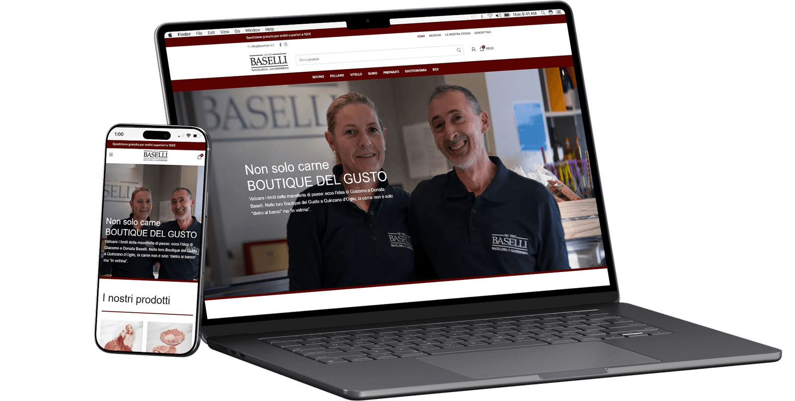 Mockup desktop e smartphone dell'e-commerce realizzato per Baselli Carni a Quinzano