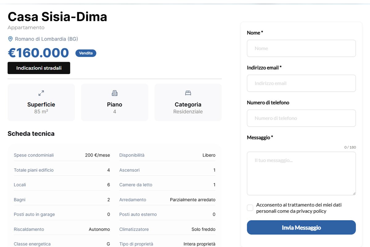 Anteprima della scheda annuncio immobiliare ottimizzata per smartphone con pulsanti di contatto rapido